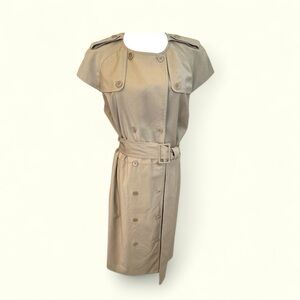 Talbots petite khaki estimated 12 /large, trench buttoned belted wool midi dress